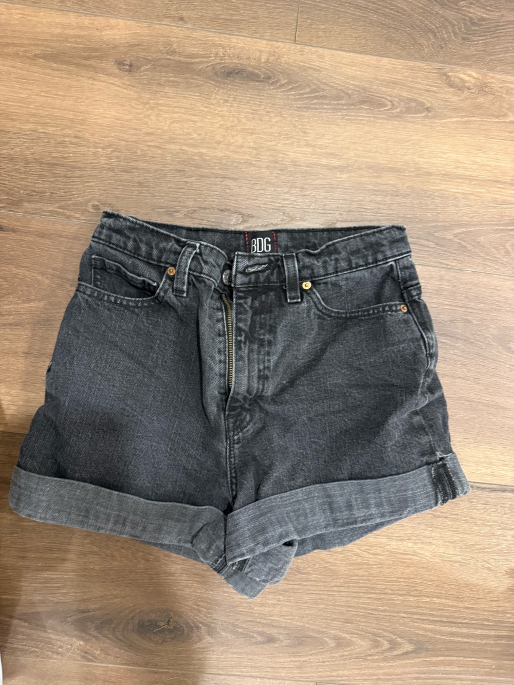 BDG Faded Black High-Rise Rolled Hem Denim Shorts